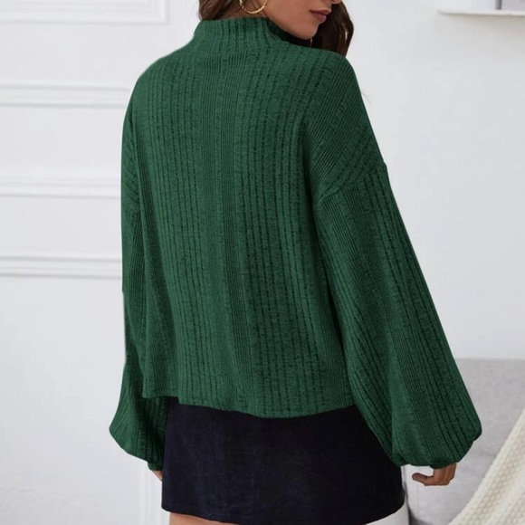 Mockneck ribbed knit lantern sleeve top burgundy red cozy - Picture 4 of 10